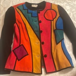 Red and Orange Leather Jacket with Bold Geometric Design